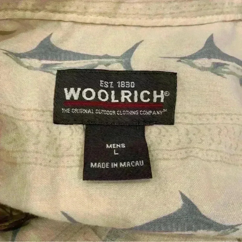 Woolrich Men’s Short Sleeve Swordfish Print Button Down Size L Pale Yellow